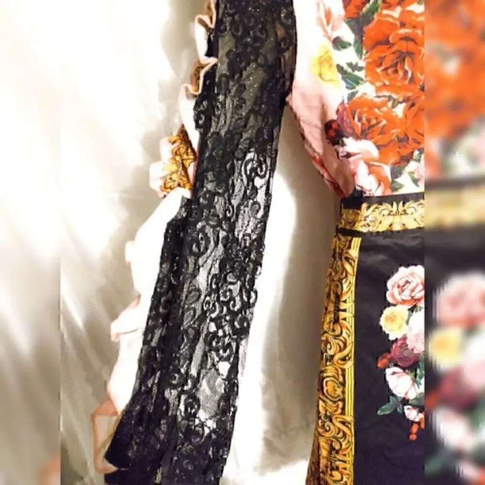 Vintage Floral Flower Collar Floral Print Lace Ruffles Top & Skirt XXL EURO